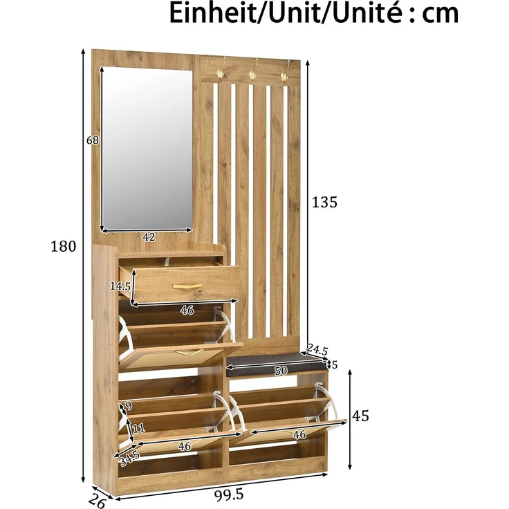Faumrta Kompaktgarderobe mit Spiegel und Sitzbank,Flurgarderobe mit Schuhschrank und Haken, Kleiderhaken,Flurmöbel Set,Flurgarderobe. 99.5CM*26CM*180CMNaturalMDF (Medium-Density-Faserplatte) – Bild 3