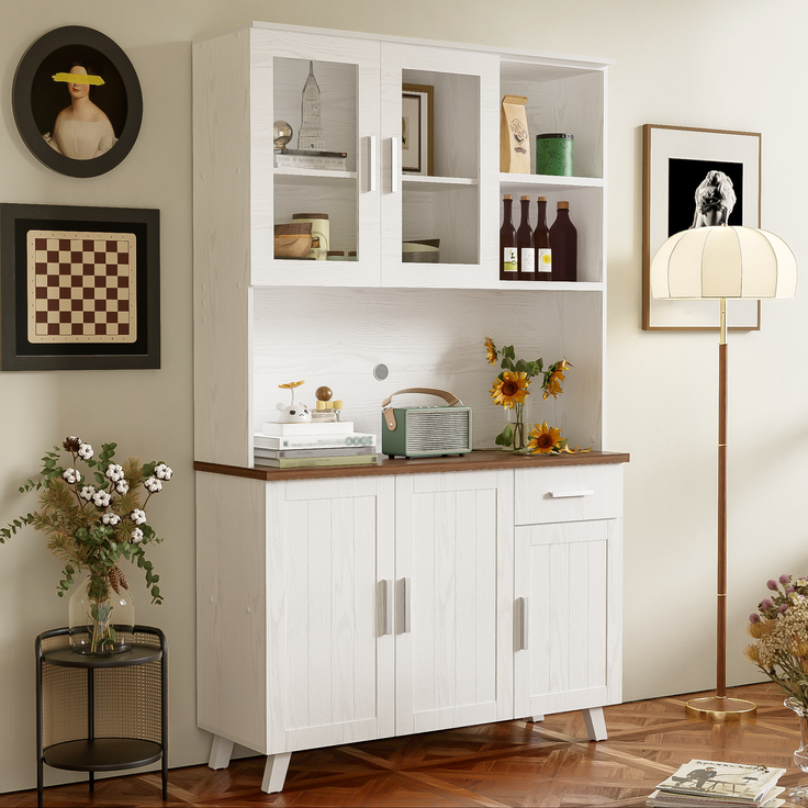 Sideboard, Weißer Holzmaserung-Hochschrank 114 x 40 x 190 cm, geeignet für Wohnzimmer und Esszimmer--Braun, Weiß, Holz--114x40x190cm--YOUDENOVA – Bild 4