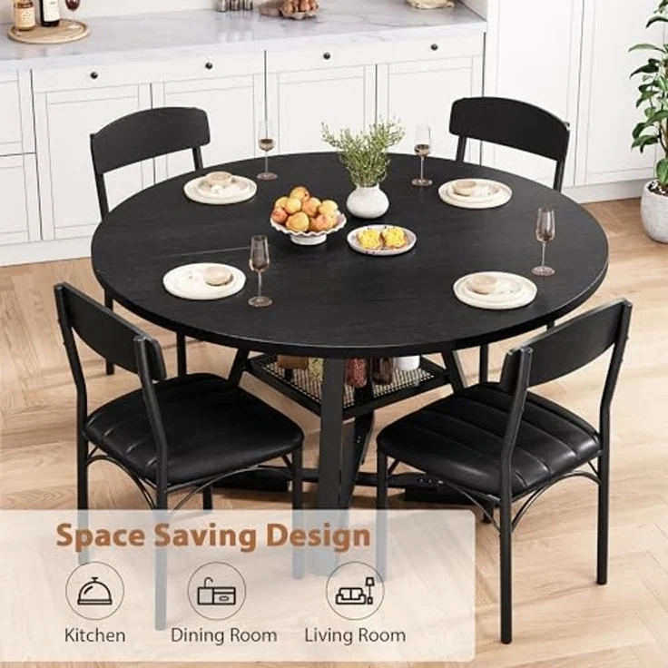 Jocoevol Runder Esstisch und 4 Esszimmerstühle Set, Essgruppe 5-Teilig, Esszimmertisch mit Ablage und 4 stühle, platzsparender Küchentisch aus Holz im Industrial Design (Schwarz, 120 x 120 x 76 cm) – Bild 2