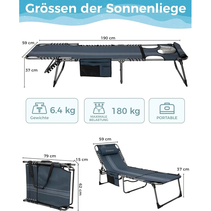 KingCamp 2er Set Sonnenliege Klappbarer mit Lesefenster, Liegestuhl Klappbar 5-Position-Verstellbare Rückenlehne Leicht mit Kopfstütze Strandliege klappbare für Strand Garten Terrasse Camping – Bild 2