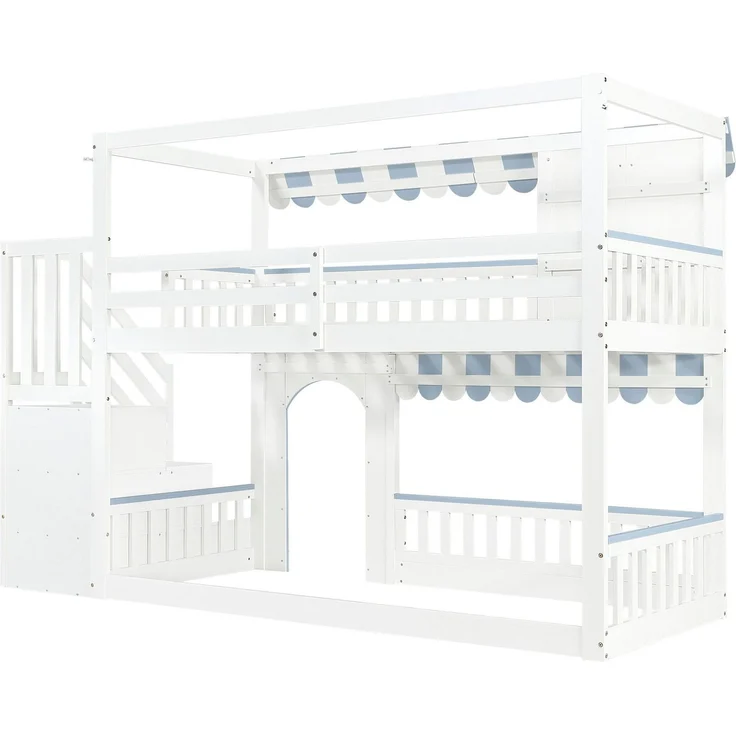 Etagenbett mit Regal, Schrank, Lattenrost, Tür und Treppe, 90x200cm, Kinderbett mit Rausfallschutz, Hochbett, Kiefer – Bild 8