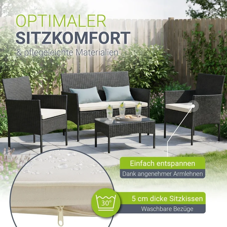 Juskys Polyrattan Gartenmöbel-Set Fort Myers schwarz inkl. Abdeckung – Sitzgruppe mit Tisch, Sofa & 2 Stühlen - Balkonmöbel für 4 Personen mit creme-weißen Auflagen – Bild 2