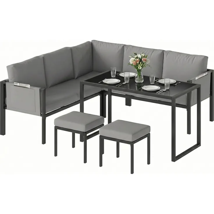 Wohnora-6-teiliges Gartenmöbel-Set mit Ecksofa, 10 cm dicken Kissen, Stehtisch und 2 Fußhockern, Grau,H 61cm x T 181cm x B 181cm