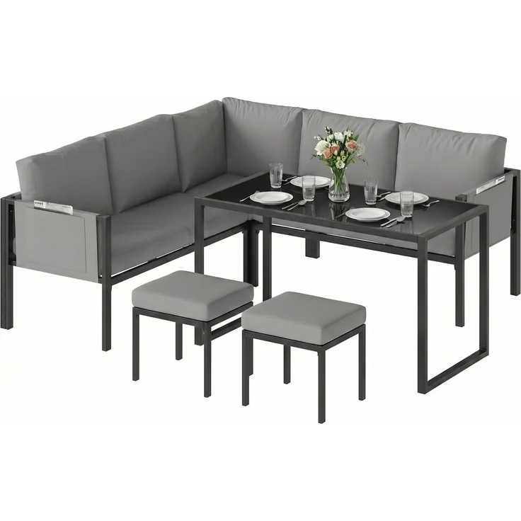 Wohnora-6-teiliges Gartenmöbel-Set mit Ecksofa, 10 cm dicken Kissen, Stehtisch und 2 Fußhockern, Grau,H 61cm x T 181cm x B 181cm – Bild 1