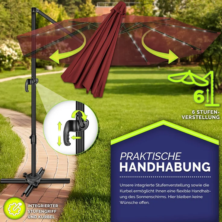tillvex® Premium Alu Sonnenschirm 330 cm Rot + Abdeckung & Windsicherung | Ampelschirm 6-Fach Verstellbar mit Kurbel | Gartenschirm 360° Drehbar Neigbar Kippbar | Kurbelschirm UV50+ Groß wasserdicht – Bild 3