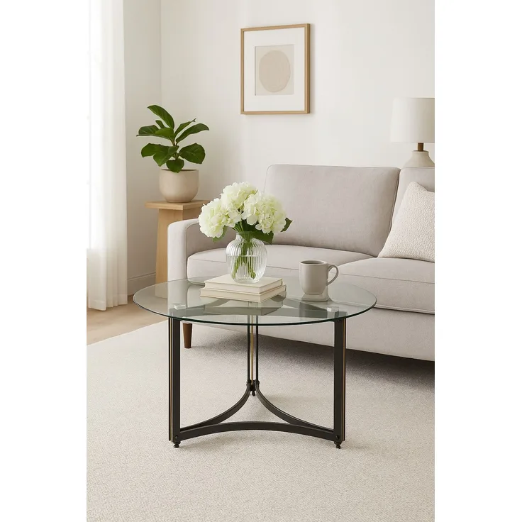 Eleganter Couchtisch mit runder Glasplatte & Metallgestell – Modernes Design mit goldfarbenen Akzenten