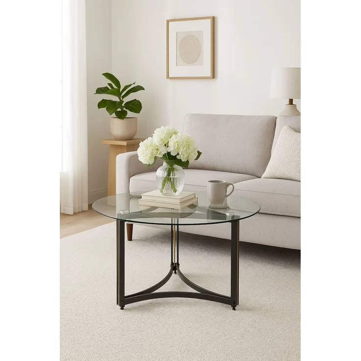 Eleganter Couchtisch mit runder Glasplatte & Metallgestell – Modernes Design mit goldfarbenen Akzenten – Bild 1