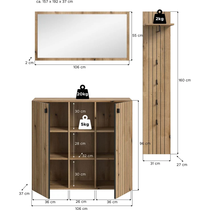 Garderobenkombination (B/H/T: 157x192x37 cm) in Evoke Oak Nachbildung – Bild 4