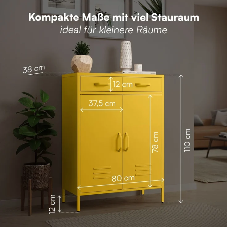 skølm 'Atria' Metallkommode, senfgelb, 110x38x80 cm, mit 2 Schubladen und 2 Fächern – Bild 7