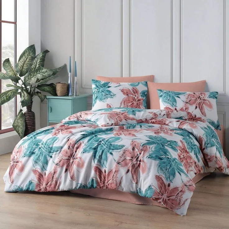 Buymax Bettwäsche Bettbezug-Set Trendy, Renforce: 100% Baumwolle, 2 teilig, 135x200 cm, Reißverschluss, hochwertig, Weiß, Türkis, Altrosa – Bild 1