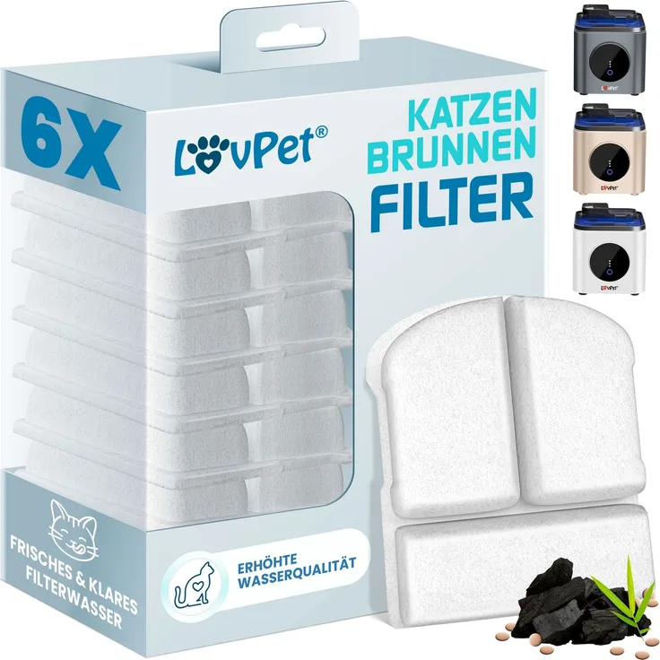 LOVPET® Katzenbrunnen Trinkbrunnen für Katzen mit 3,5L Wassertank | Automatischer Katzentrinkbrunnen APP / Sensor | Wasserbrunnen Doppel-Filtersystem Aktivkohle & Filter-Steine | sehr leise 30dB Weiß, Filter