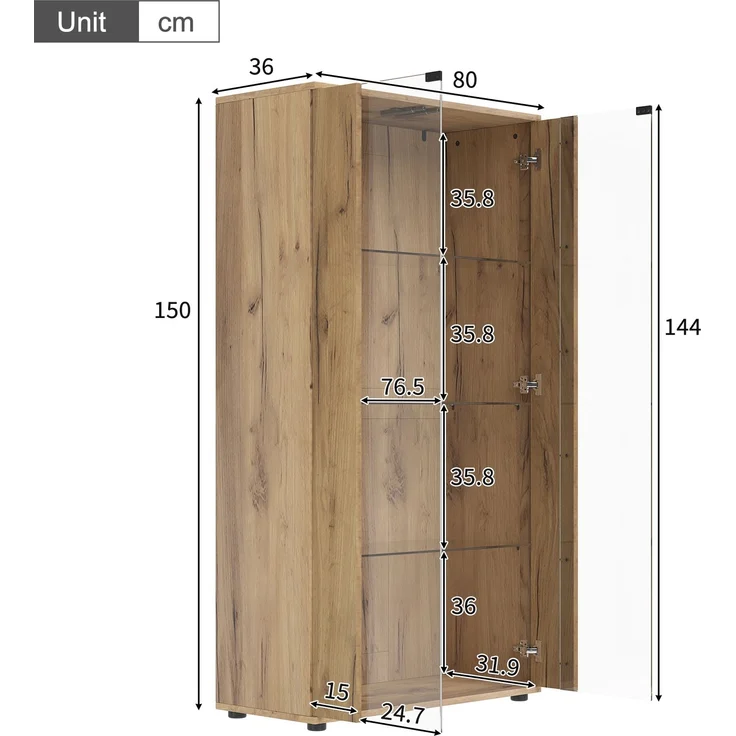 Merax Vitrinenschrank mit 2 Glastüren, 4 Ablageflächen und verstellbarer LED-Beleuchtung – modernes Design für Wohnzimmer, natur, 80×36×150.5cm – Bild 4