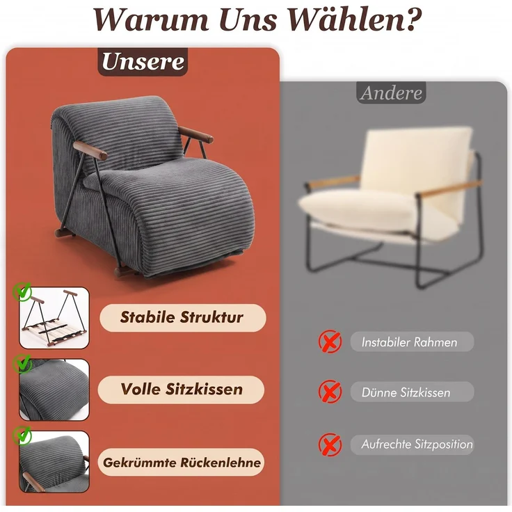 LVHOM Relaxsessel mit Lattenrost, ergonomischer Fernsehsessel, gepolsterter Loungesessel mit Armlehnen, XXL Lesesessel für Wohn- und Schlafzimmer, Cord Grau – Bild 5