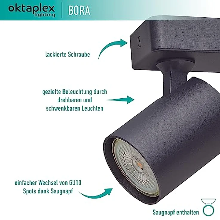 Oktaplex Bora Deckenstrahler 2-flammig GU10, schwenkbare Spotleuchte in Schwarz, 25 cm, Aluminium, 230V – Bild 3
