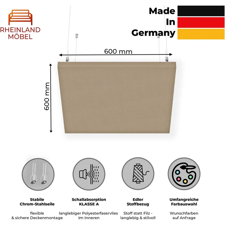 Rheinland Möbel FocusWall DAQ0606 – Quadratischer Akustik-Deckenabsorber 60×60 cm in Stofffarbe Aruba inkl. Chrom-Stahlseilen - Made in Germany - Klasse A, Stoffbezug, schwer entflammbar – Bild 2