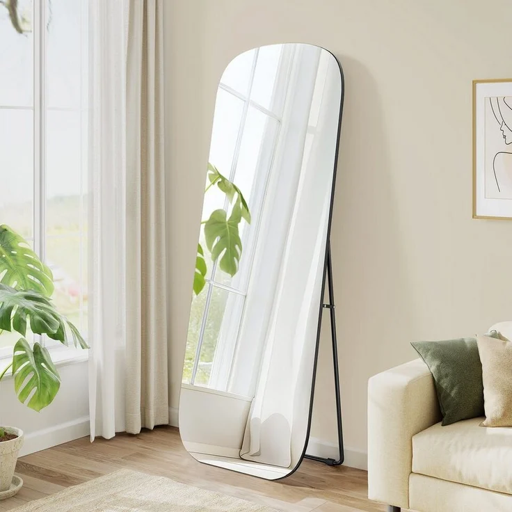 SONGMICS Ganzkörperspiegel, 160 x 50 cm, Standspiegel mit runden Ecken, Rahmen aus Aluminiumlegierung, Hartglas, für Schlafzimmer, Wohnzimmer, Garderobe, tintenschwarz LFMDE029B01 – Bild 1