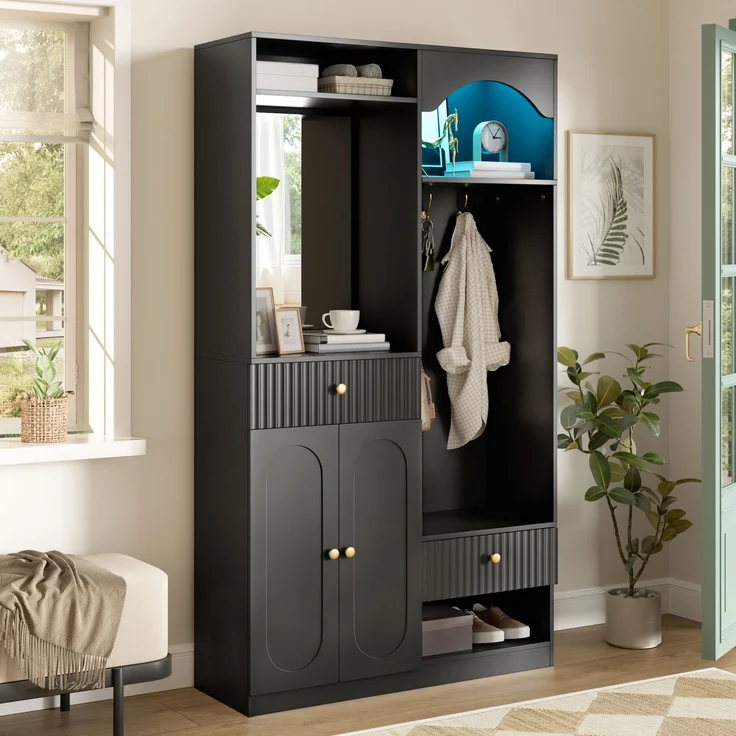 Faumrta Kompaktgarderobe mit Spiegel und Sitzbank,Flurgarderobe mit Schuhschrank und Haken, Kleiderhaken,Kompaktgarderobe,Flurmöbel Set,Flurgarderobe,LED-Streifen mit einstellbarer Farbe100CM*35CM*180CMSchwarzMDF (Medium-Density-Faserplatte) – Bild 9