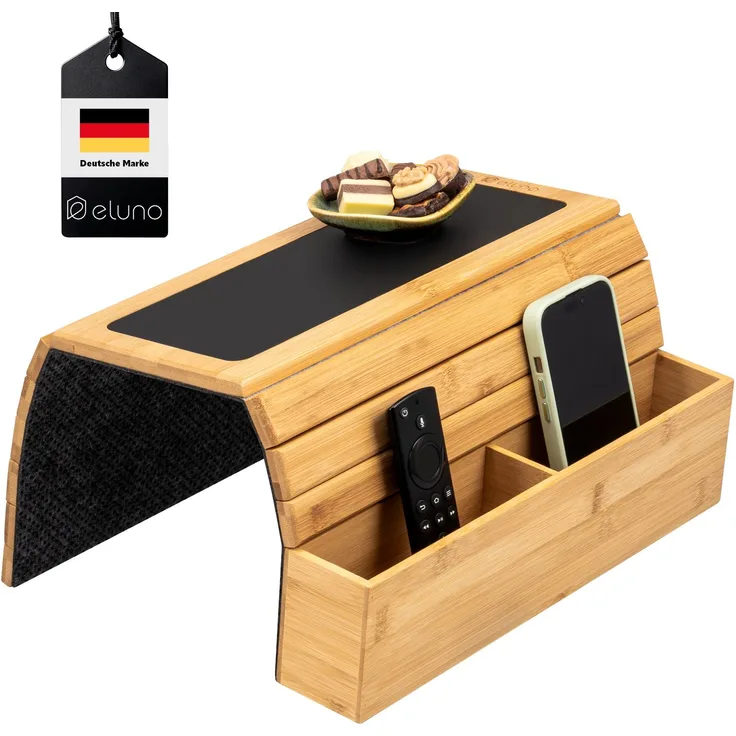 eluno Sofatablett mit Silikonablage und seitlichen Fächern, faltbare Ablage für Snacks, Handy uvm, Bambus