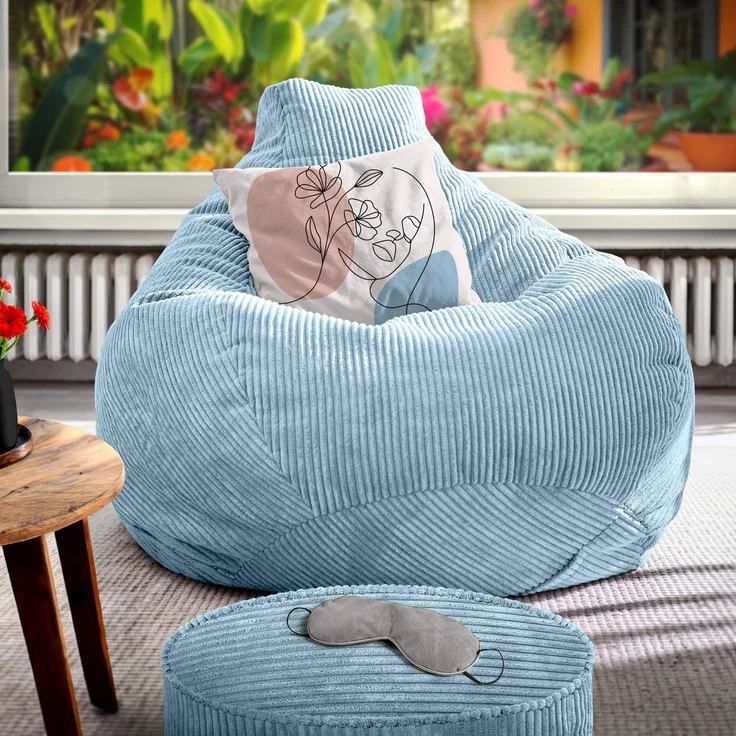 Green Bean® Sitzsack mit Hocker aus Cord - Sitzsäcke für das Wohnzimmer, Schlafzimmer, Sitzsack-Sessel für Erwachsene Hellblau – Bild 7