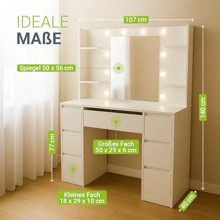Juskys Schminktisch Malia mit LED-Beleuchtung & Spiegel, 7 Schubladen, stufenlos dimmbar, 3 Farbtemperaturen, Stauraum, elegantes Design – Weiß – Bild 6
