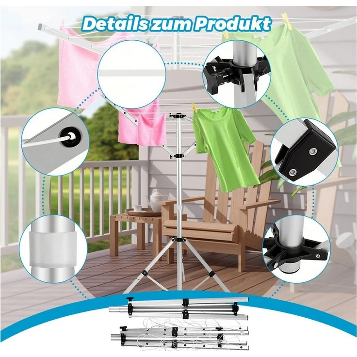 PFCTART Kleiderständer Faltbare Wäschespinne mit 15 m Leinenlänge, (Set, 1 St, Für Camping, Balkon & Garten – wäscheständer klein, ausziehbar), Leichtes Aluminium-Stativ – mobil, stabil & wäschespinne – Bild 2