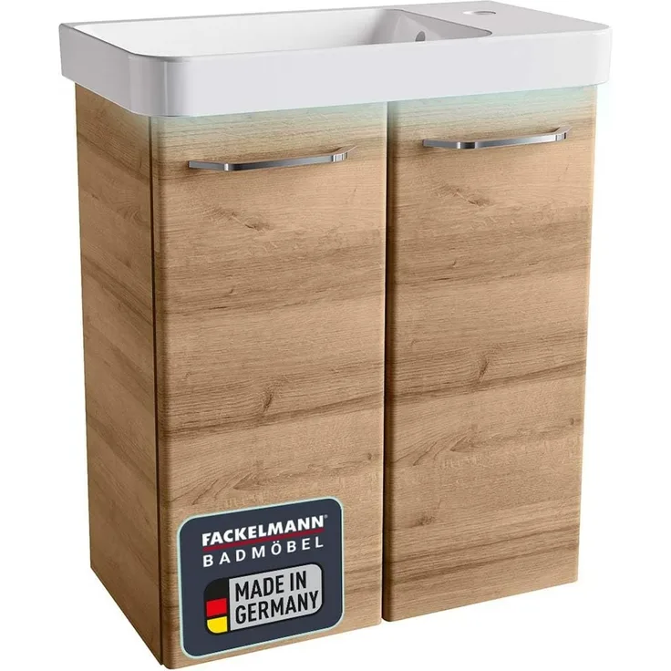 FACKELMANN MILANO Gäste WC Waschtisch Set 55 cm breit, Braun hell, Waschbecken Keramik Weiß + Waschbeckenbeleuchtungun hell, Keramik