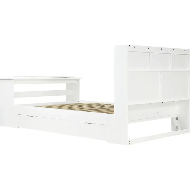 Kinderbett mit Stauraum und Klapptisch, mit Lattenrost, Regal, Schrank, Schubladen und Klapptisch, Holzbett, Stauraumbett, 90x200 cm – Bild 7