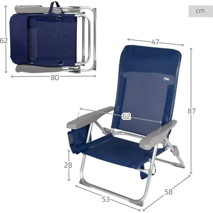 AKTIVE Slim Extraflacher Klapp-Strandstuhl, Sehr kompakt, Multiposition, Mit Kissen und Tasche, Mit Griff für einfachen Transport, 6 Positionen, Maße 47x58x87 cm, Aluminium, Anti-Roll (62289) – Bild 5