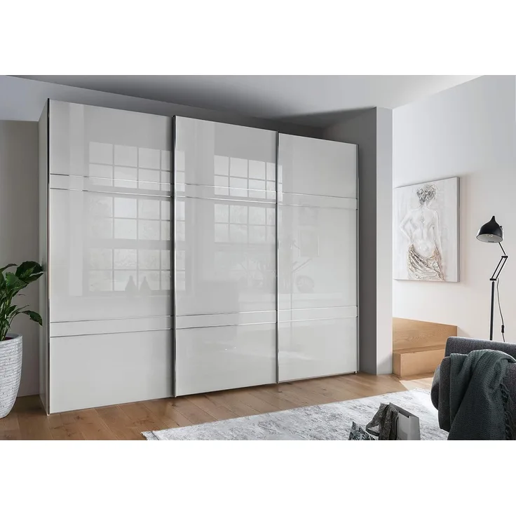 WIEMANN Rialto Kleiderschrank, Schwebetürenschrank, Schlafzimmerschrank, mit Schiebetüren, Breite 300 cm, in weiß, Glas weiß, Holz, B/H/T 300 x 217 x 67 cm