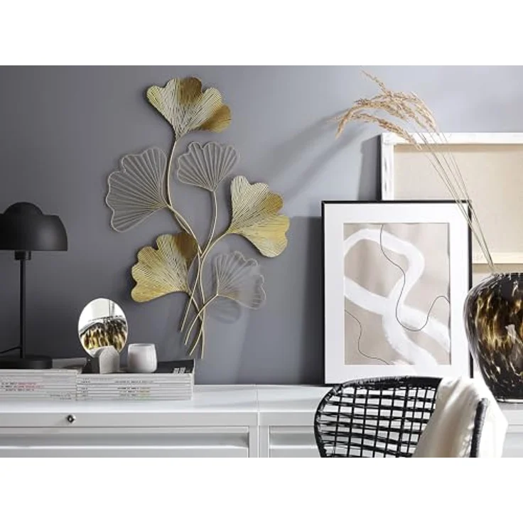 Beliani Moderne Wanddekoration Indium, Metall in Gold mit geschwungenem Blättermuster, Glamour Look – Bild 2