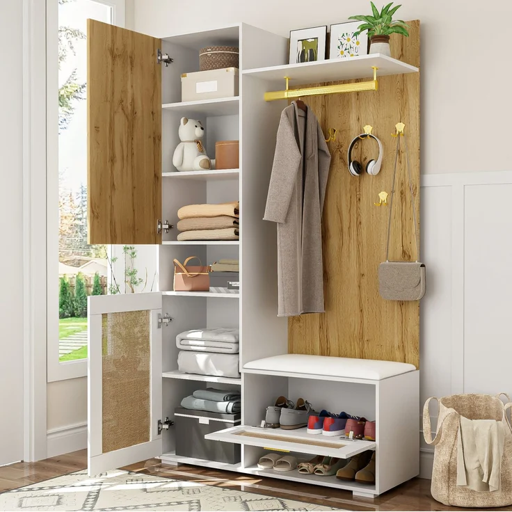 Garderoben-Set mit Spiegel, LED-Beleuchtung und Sitzbank, 110x38x190 cm, Weiß/Holz – Bild 4
