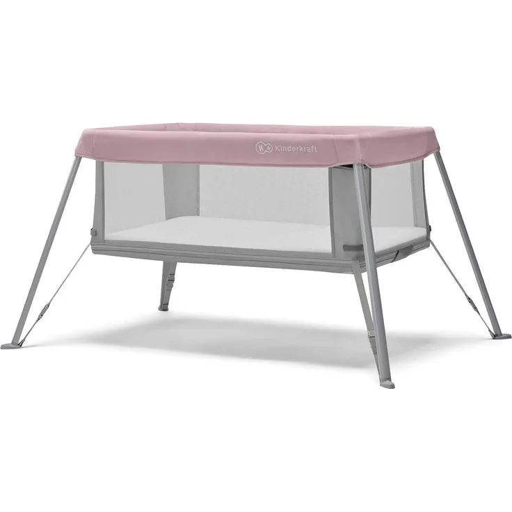kk Kinderkraft Kinderkraft Reisebett 2 in 1 MOVI, faltbares Kinderbett, Laufgitter, Separater Eingang, 2 Matratzenhöhen, Zusammenklappe, mit Zubehör, Matratze, Tragetasche, Rosa, Stahl, Aluminium
