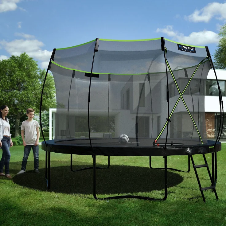 KINETIC SPORTS 'Ultimate Pro' Premium Outdoor Trampolin, für Kinder und Erwachsene, AirMAXX Sprungtuch, mit Leiter, Fieberglas, bis zu 160 kg, Schwarz-Neongrün, Ø 366 cm – Bild 2
