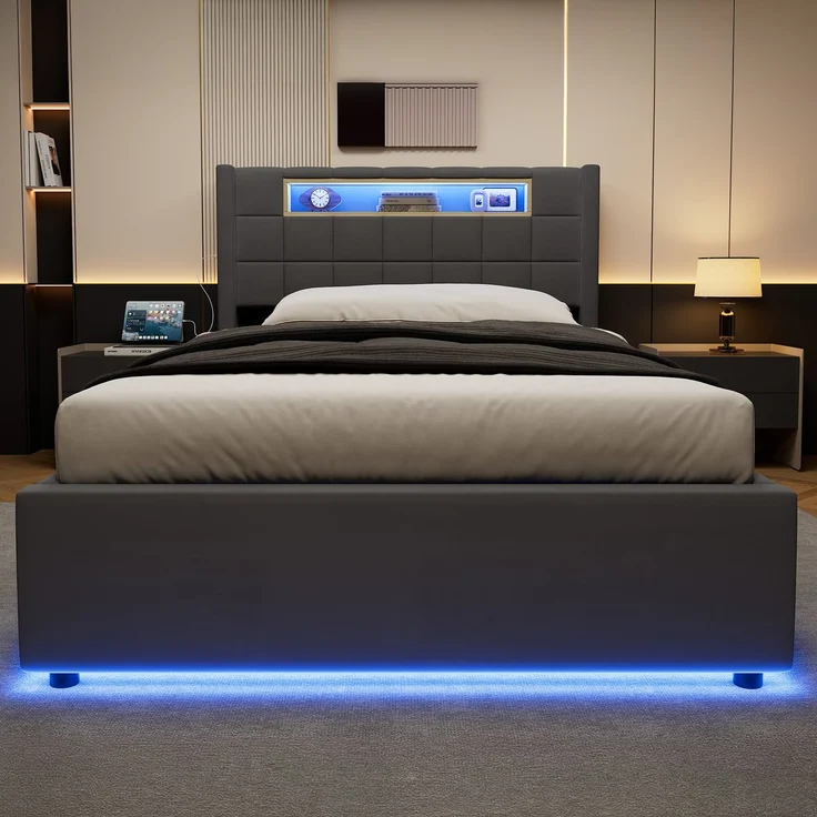 Polsterbett 90x200 cm mit hydraulischem Stauraum, LED-Beleuchtung und USB-Anschlüssen – Ohne Matratze – Bild 9
