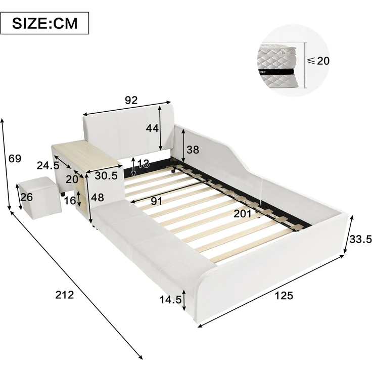 Polsterbett, Einzelbett mit Kinderschreibtisch und Hocker, Mit Ablageboden, Weiches Kopfteil, Kinderbett mit Holzlatten, Samt, Weiß, 90x200 cm – Bild 7