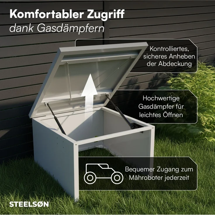 STEELSØN 'Drakon' Mähroboter Garage, Metall, silber, wetterfest, 53/42x77x90 cm, Mähroboterhaus mit aufklappbarem Pultdach – Bild 2