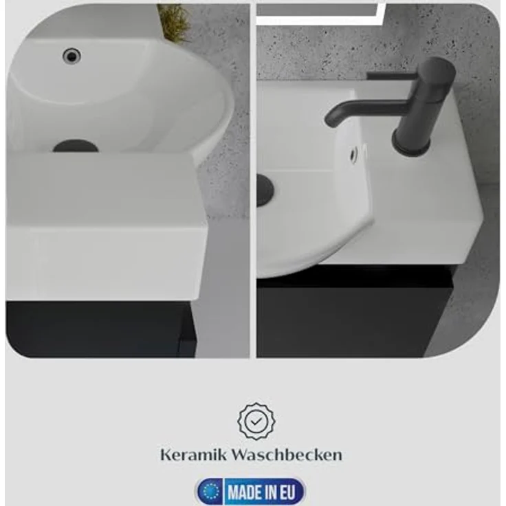 Alpenberger Badmöbel-Set Gäste WC Waschbecken mit Unterschrank 55 cm Breit, (Schwarzer Badschrank Klein, Waschtischunterschrank mit Softclose), Keramik Einbauwaschbecken Eckig Oval – Bild 7