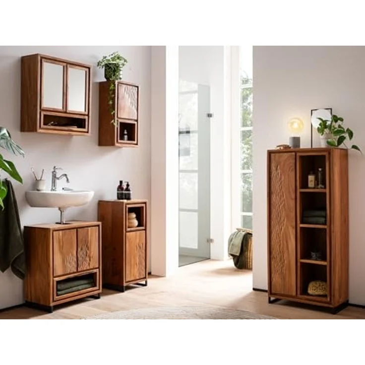 Spiegelschrank Bad massivum Maddox Akazienholz 50x55x20 cm Bad-Hängeschrank mit Spiegel Badezimmerschrank Landhausstil braun – Bild 2