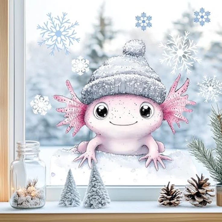 Sunnywall Fensterdekoration Kinderzimmer Fensterbild Winter Axolotl mit Mütze, wiederverwendbar, statisch haftend, beidseitiger Druck – Bild 2