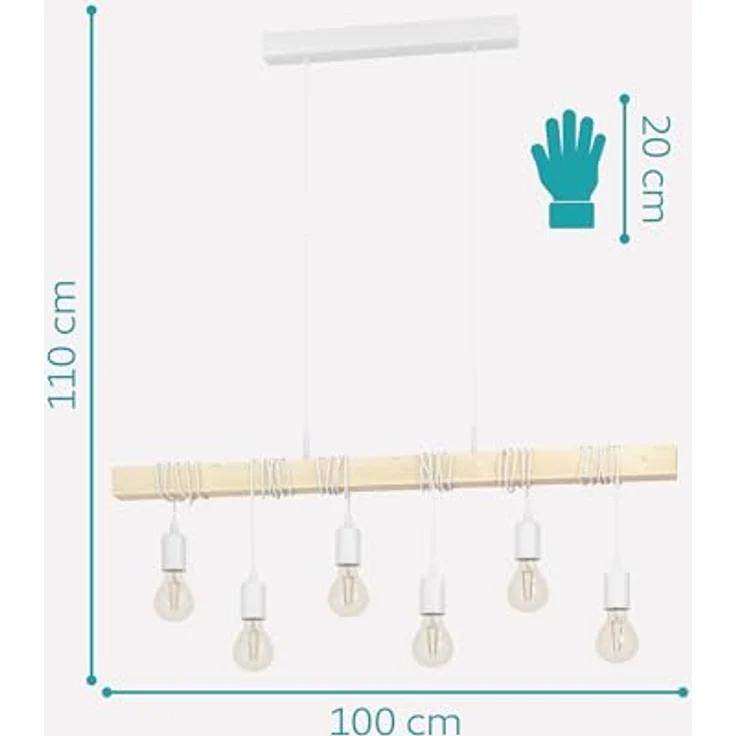 Eglo 33165 Pendelleuchte TOWNSHEND Stahl weiß, Holz braun E27 6X40W L:100cm B:10cm H:110cm dimmbar – Bild 4
