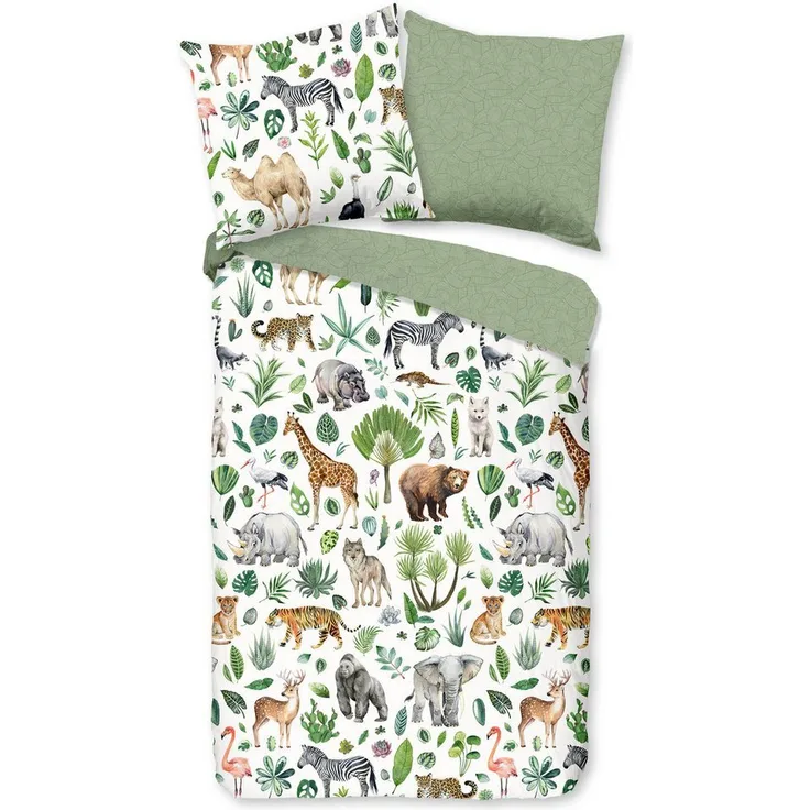 good morning Babybettwäsche Samba, Renforcé, 2 teilig, 100% Baumwolle, 120x150, Reißverschluss, Wendeoptik, Baby, Tier, Grün