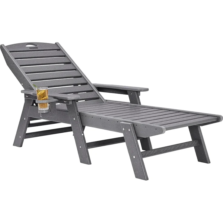 VEVOR Sonnenliege, 181 kg Tragkraft, HDPE Gartenliege, Strandliege mit 6-Fach Verstellbarer Rückenlehne, Armlehne, Getränkehalter, Balkonliege, Terrassenliege für Pool, Terrasse, Patio, Rasen, Grau – Bild 1