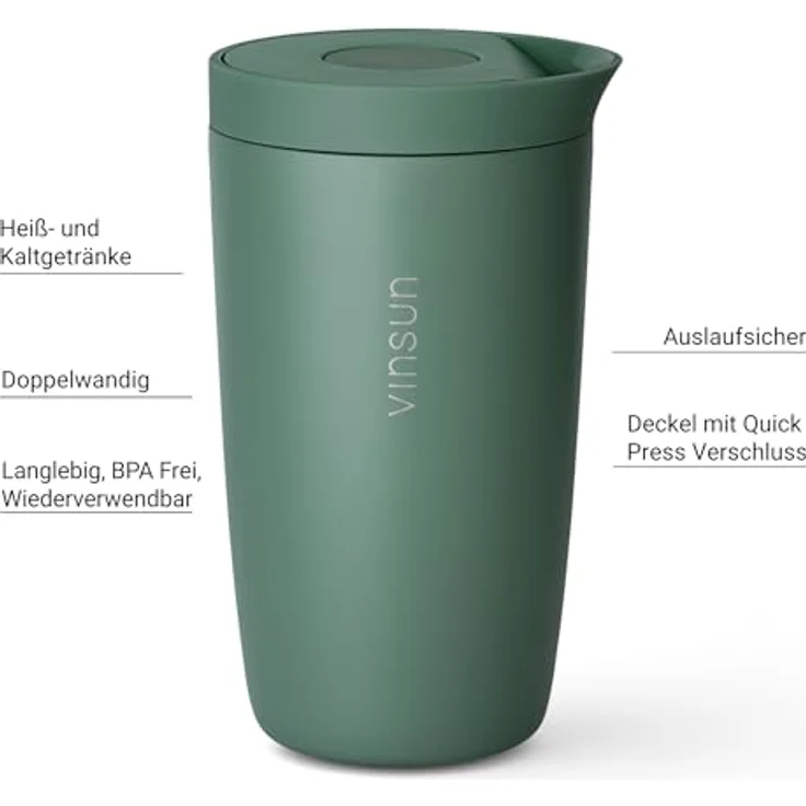 Vinsun Thermobecher Edelstahl Isolierbecher 350ml - Kaffeebecher to Go auslaufsicher, 2-tlg, Edelstahl, Doppelwandig, BPA frei, bruchfest, Einhandbedienung per Knopfdruck – Bild 3