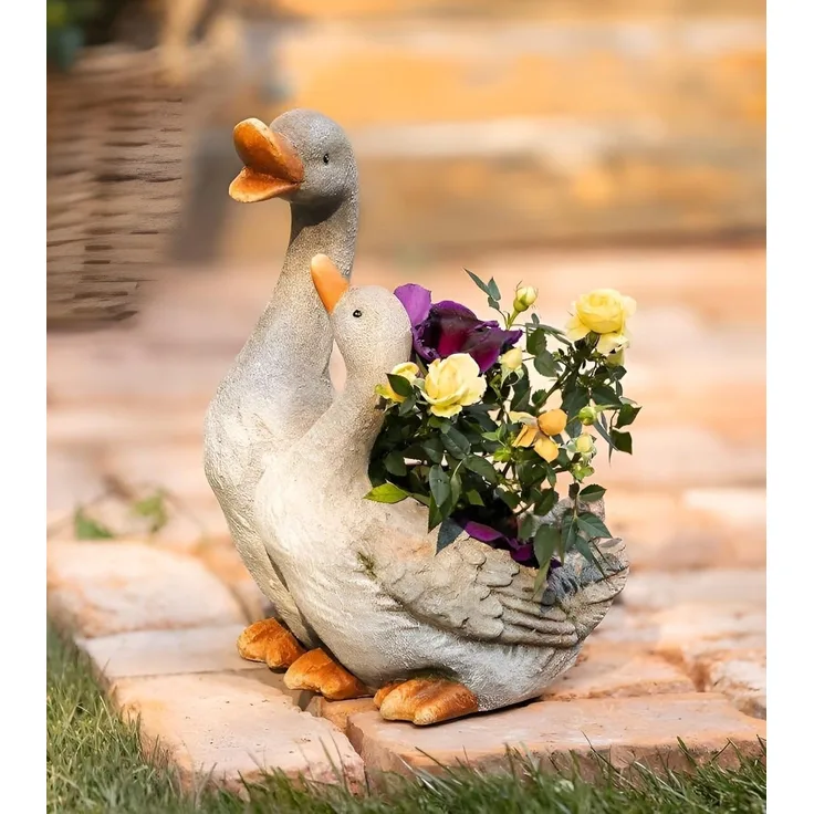 Pflanzer "Gänsepaar" aus Polyresin, wetterfest, Pflanztopf, Outdoor Blumentopf, Pflanzgefäß, Gartendeko für Außen
