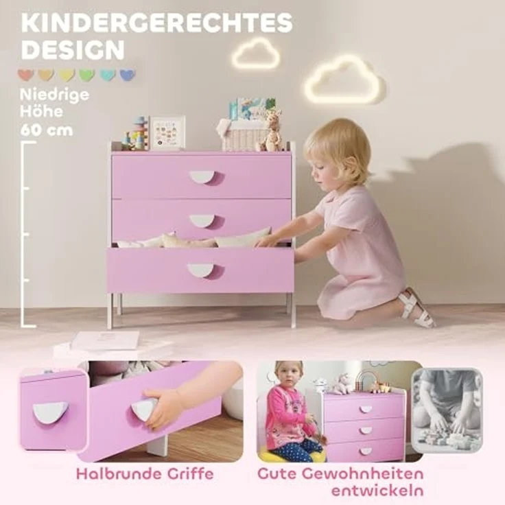 AIYAPLAY Kommode mit 3 Schubladen (Spielzeugschrank für Kinder, 1 St, Aufbewahrungsschrank), für Kinderzimmer, Wohnzimmer, 60 x 40 x 60 cm Rosa+Weiß – Bild 5