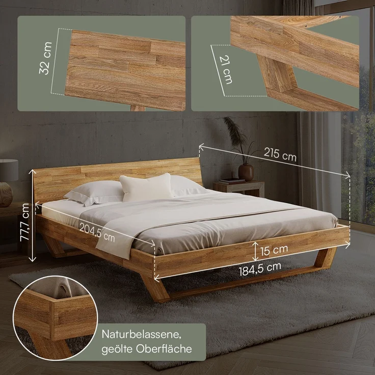 skølm 'Nornir' Bett 180x200 cm, Bettgestell, natur geölt, Massivholzbett aus Eiche mit Holzkufen, Doppelbett mit durchgehendem Bettkopf – Bild 6