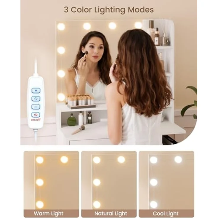 Mondeer Schminktisch mit Spiegel und 10 LED-Lichtkugeln, Frisiertisch mit 1 Schublade und 7 Offenen Fächern, 3 Farben mit Einstellbarer Helligkeit, Weiß, 67 x 36 x 138 cm – Bild 3