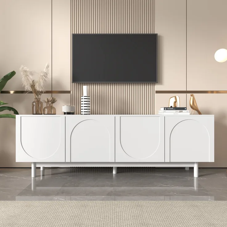 TV-Lowboard aus Spanplatte mit Push-to-Open & verstellbaren Einlegeböden, 175x38x56 cm, Weiß