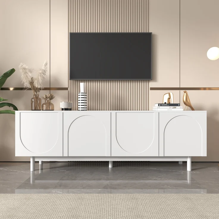 TV-Lowboard aus Spanplatte mit Push-to-Open & verstellbaren Einlegeböden, 175x38x56 cm, Weiß – Bild 1