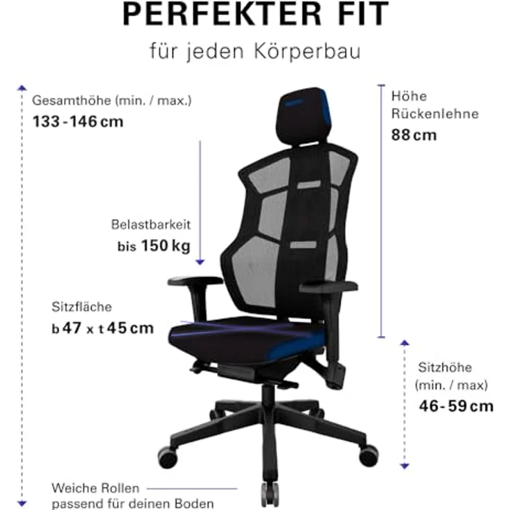 RECARO AER Gamingstuhl – Ergonomischer Gaming Chair | Premium-Polsterschaum | ideal auch als Bürostuhl oder Schreibtischstuhl | individuell einstellbar | 150 Kg – Royal Blue – Bild 2